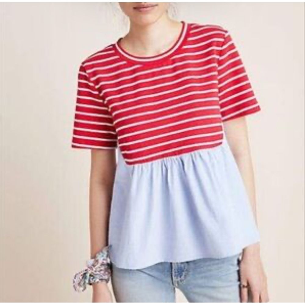 Anthropologie Small Elias Red Striped Short‎ Sleeve Peplum Top Cottage Nautical